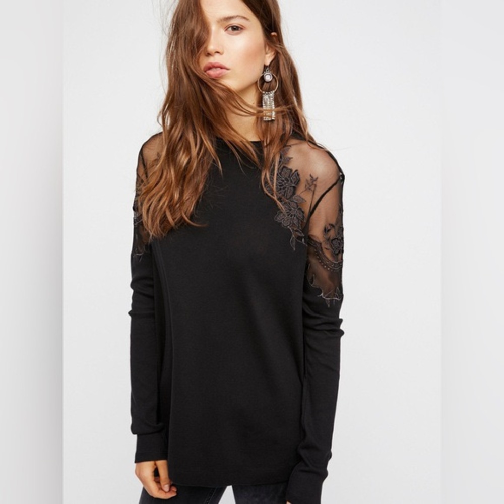 Free People Danielle Black Embroidered Top
